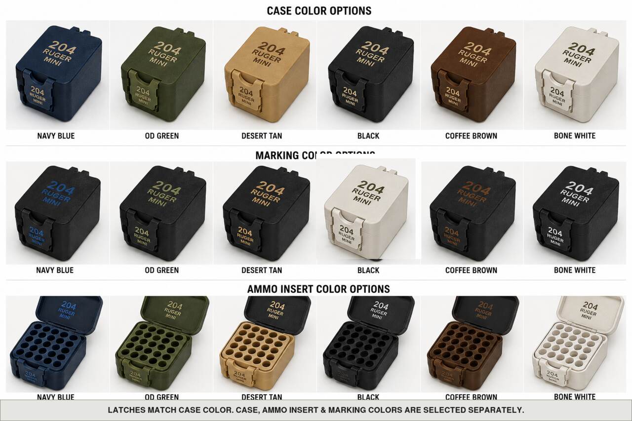 Case, ammo insert, and marking color options for 204 Ruger - Mini - 25 Rounds