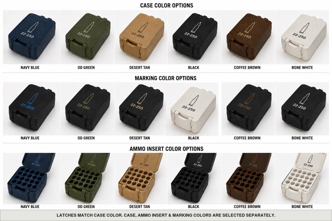 Case, ammo insert, and marking color options for 22-250 - 50 Rounds