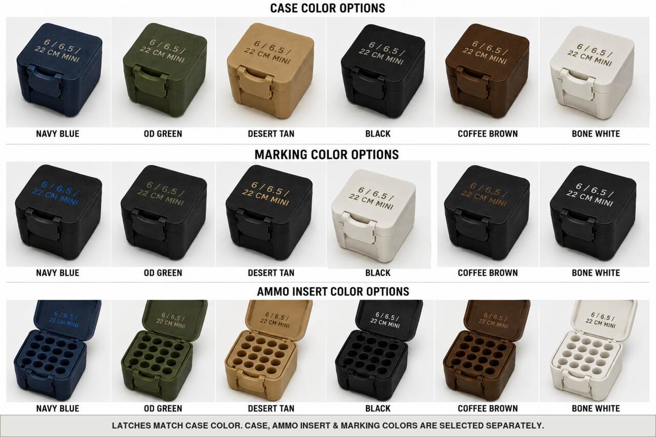 Case, ammo insert, and marking color options for 6 / 6.5 / 22 Cm - Mini - 20/25 Rounds