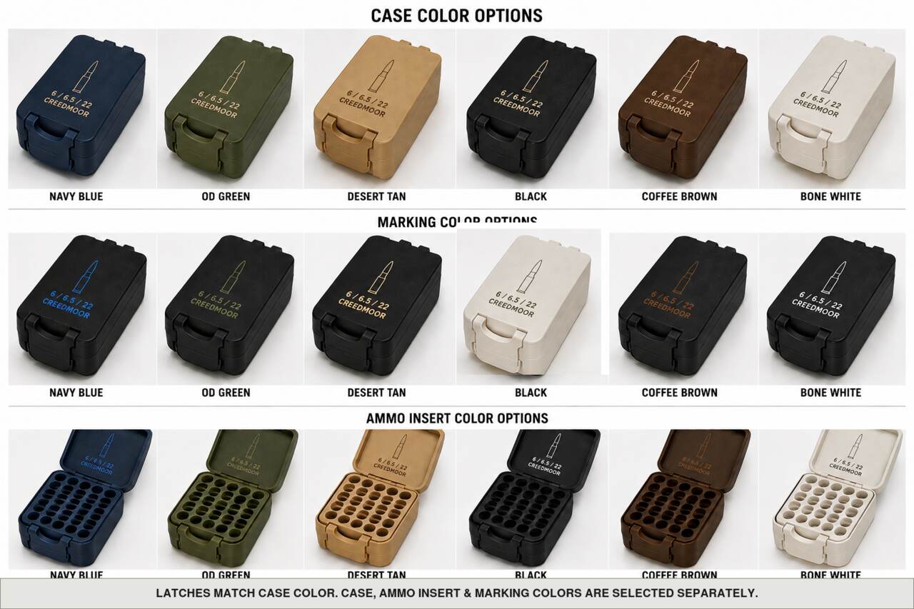 Case, ammo insert, and marking color options for 6 / 6.5 / 22 Creedmoor - 50 Rounds