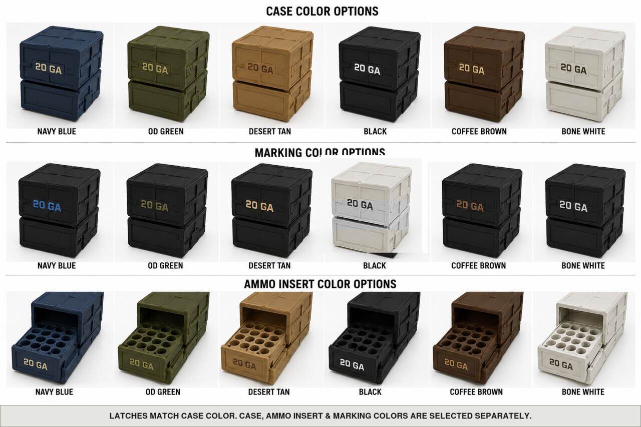 Case, ammo insert, and marking color options for 20 Ga - 25 Rounds