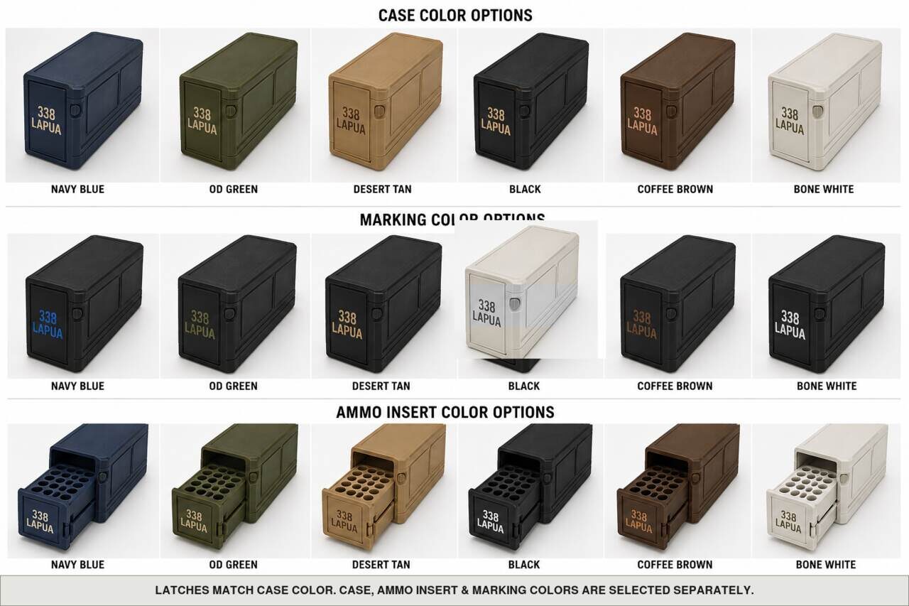 Case, ammo insert, and marking color options for 338 Lapua