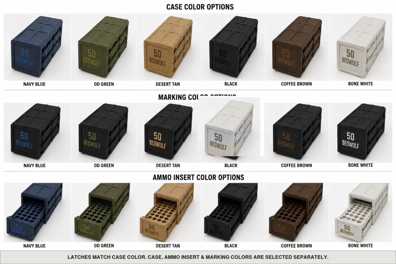 Case, ammo insert, and marking color options for 50 Beowulf - 20 Rounds