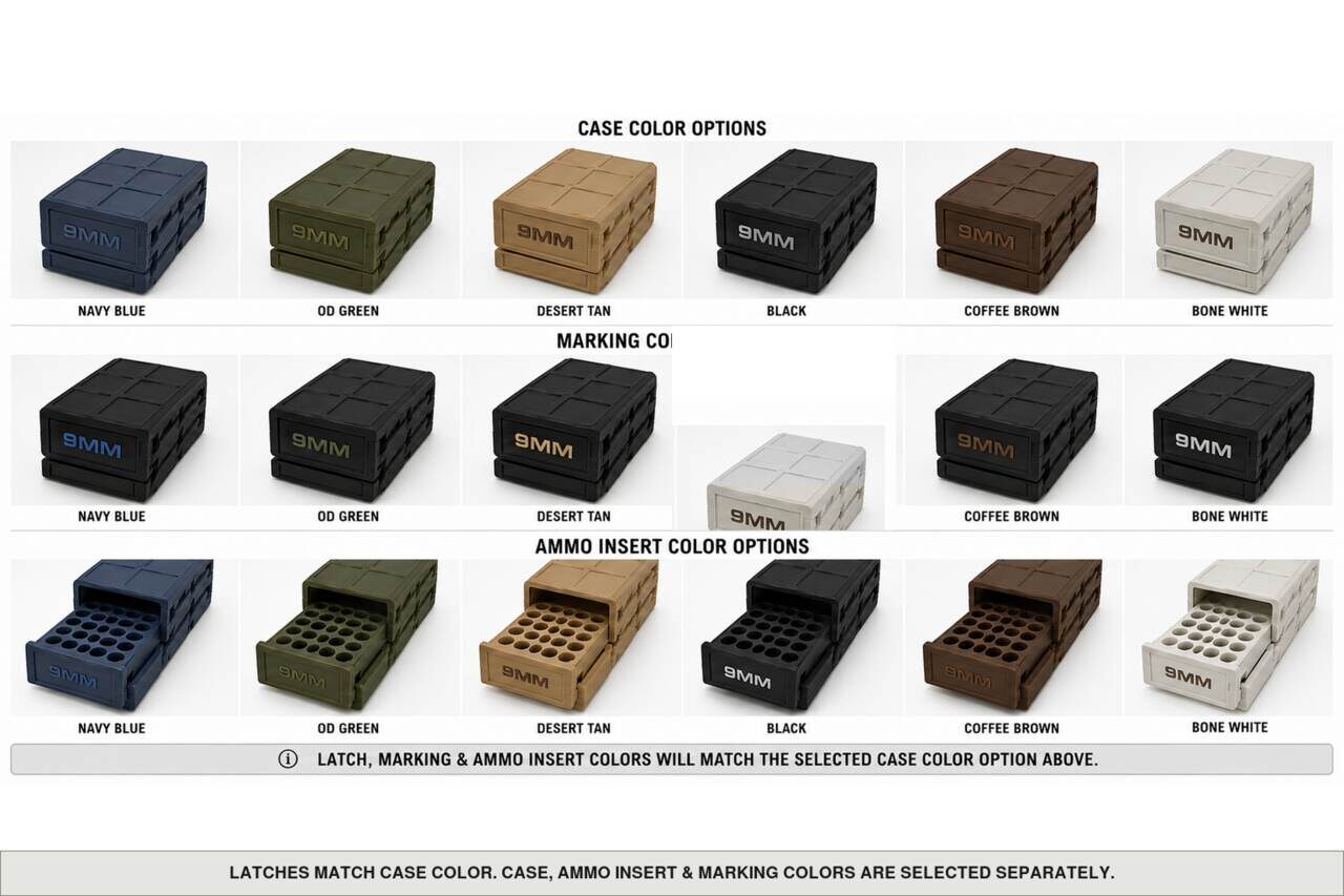 Case, ammo insert, and marking color options for 9Mm - 25 Rounds